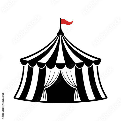 Black and White Striped Circus Tent Illustration with Red Flag for Festive Event Design and Entertainment