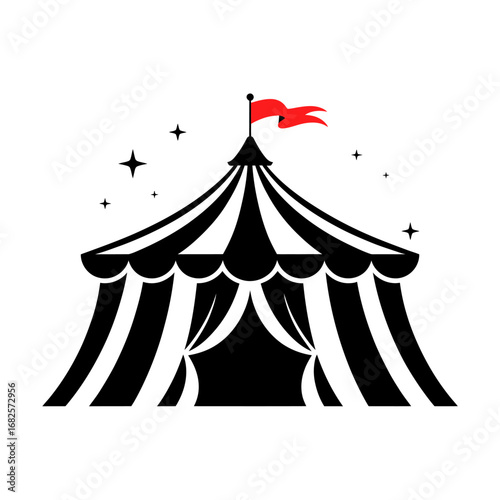 Striking Black and White Circus Tent with Red Flag Graphic Illustration Celebration and Event Concept with Shining Stars