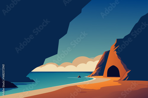 Stylized illustration of a secluded beach with a cave entrance nestled into a rocky cliff face under a gradient sky