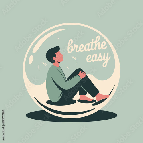 A person sits inside a clear bubble looking upwards with the words breathe easy written in the bubble representing peace and calm