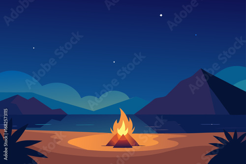 Serene beach bonfire at night with calm water and distant mountains under a starry sky
