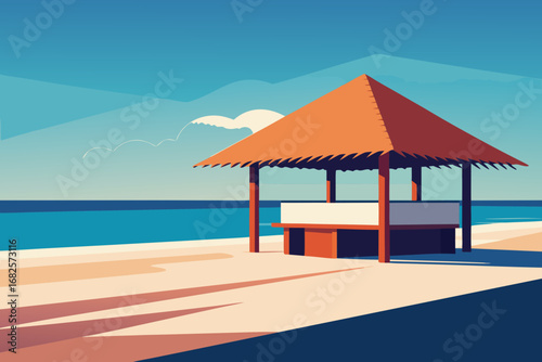 Minimalist beach scene with a vibrant orange thatched roof hut on a sandy shore with calm blue ocean and sky