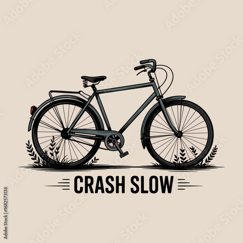 Vintage bicycle illustration with crash slow text and natural elements