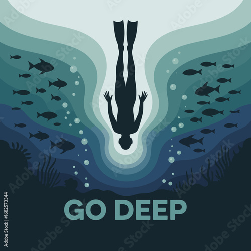 Silhouette of a free diver descending into the deep blue ocean surrounded by schools of fish and bubbles with the motivational text go deep