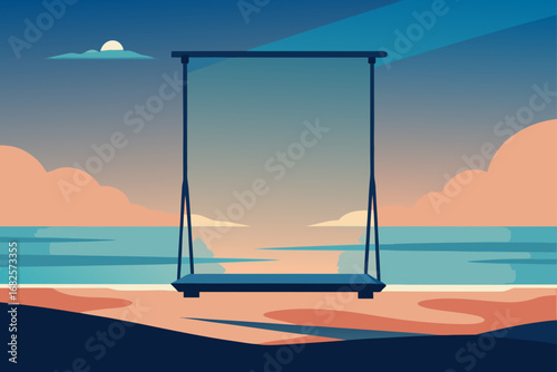 A serene minimalist illustration of a swing set on a beach at sunset with calm ocean waves and colorful clouds