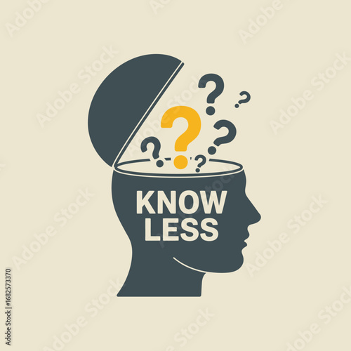Silhouette of a human head with an open top revealing question marks and the words know less symbolizing confusion ignorance or lack of knowledge