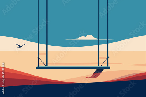 Minimalist illustration of an empty swing set against a serene landscape with a bird flying in the sky