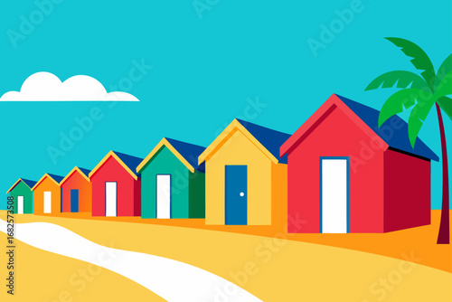 Colorful beach huts lined up on a sandy shore with a palm tree and a single cloud in a bright blue sky