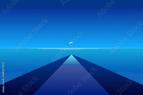 Minimalist abstract landscape with a pathway leading to the horizon under a clear blue sky with a crescent moon