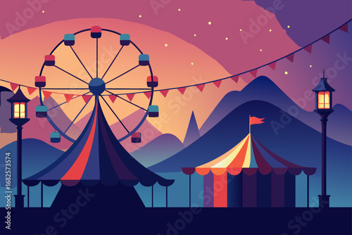 Enchanting twilight carnival scene with a ferris wheel striped tents and illuminated lanterns against a gradient sky and mountain backdrop