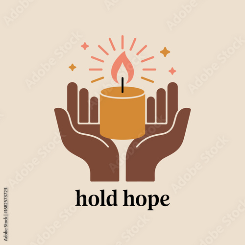 Two cupped hands gently hold a lit candle symbolizing hope and light in times of darkness with a warm glow and celestial accents