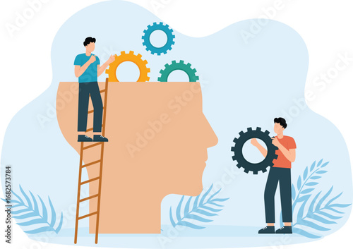 Putting cog wheels inside human head 2d isometric cartoon animation concept 

