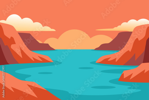 Vibrant flat illustration of a serene turquoise lake surrounded by rugged terracotta cliffs under a warm orange sky with soft clouds