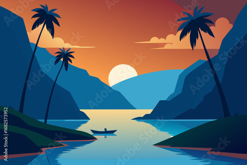 Serene tropical bay with a lone boat at sunset amidst palm trees and mountains