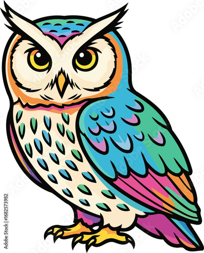 psychedelic owl vibrant rainbow plumage, mystical night vision, isolated on transparent background