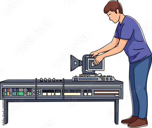 retro broadcast technician setting up vintage video camera for live television production, isolated on transparent background