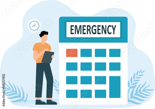 Businessman animation counting emergency fund with calculator and alarm clock concept
