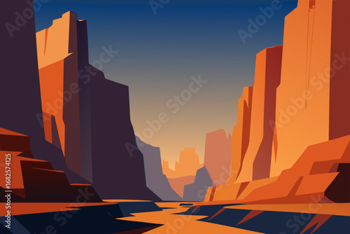 Stylized geometric canyon landscape with a winding river at sunset or sunrise