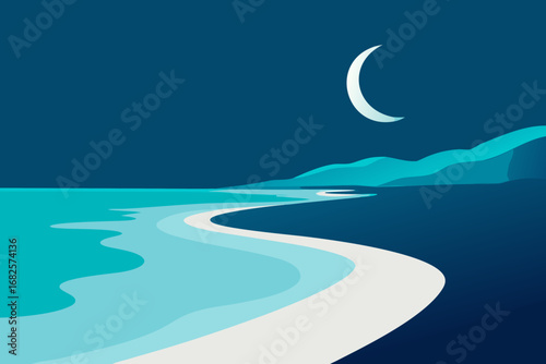 Serene coastal landscape at night with a crescent moon illuminating the tranquil sea and rolling hills