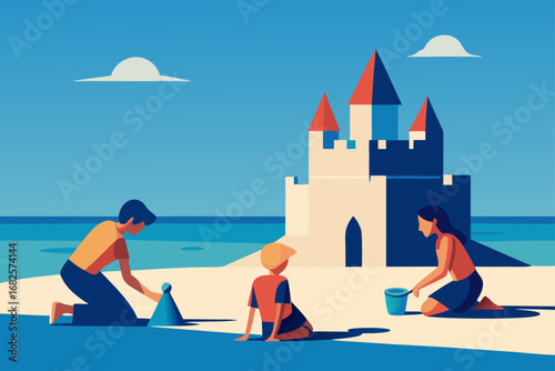 Family building a sandcastle on the beach with a large castle structure in the background on a sunny day
