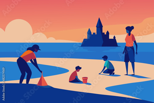 Family building a sandcastle on the beach at sunset with a castle in the distance
