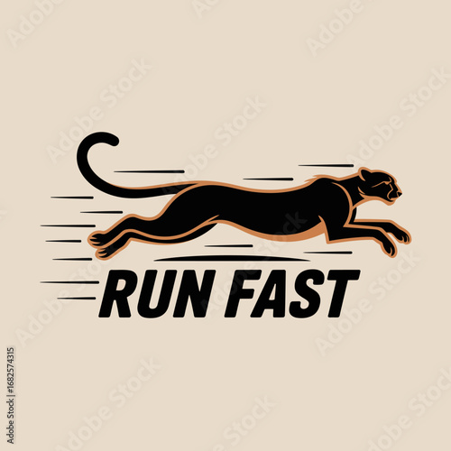 Dynamic illustration of a black panther in full stride conveying speed and power with the bold text run fast perfect for sports and motivational themes