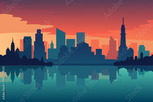 Stylized city skyline silhouette at sunset with colorful sky and water reflection