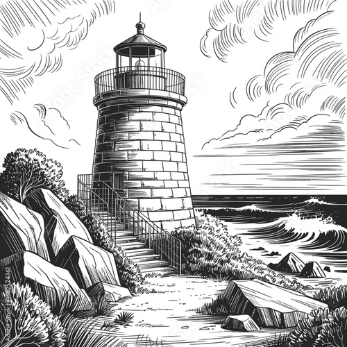 Monochrome Lighthouse Illustration on Rocky Coastline with Waves and Clouds Maritime Landmark Image