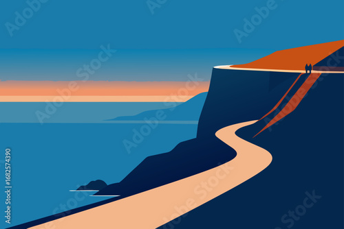 Two people stand on a cliff edge overlooking the ocean at sunset a winding path leads to them