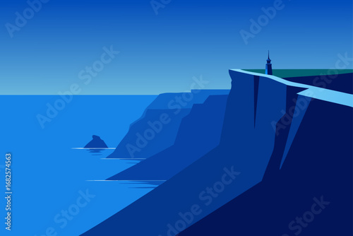 Minimalist illustration of a lighthouse on a dramatic coastal cliff overlooking the vast blue ocean