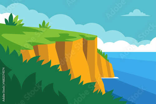 Stylized illustration of a grassy cliff overlooking a calm blue ocean under a cloudy sky