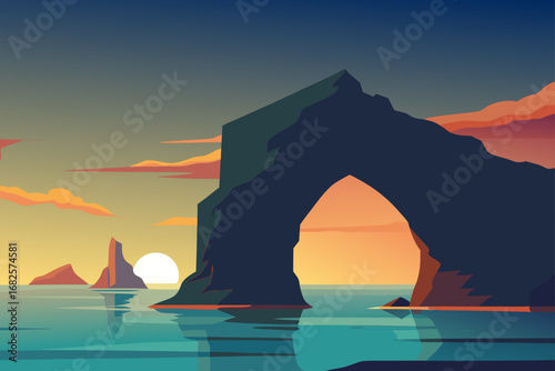 Stylized flat design illustration of a dramatic rock arch formation over the ocean at sunset with vibrant clouds and reflections