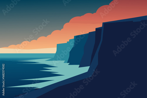 Stylized minimalist landscape of a dark blue cliff face overlooking a calm turquoise ocean under a dramatic orange and gray cloudy sky
