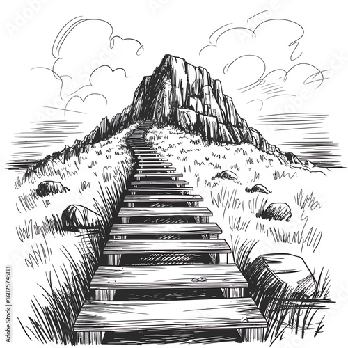 Hand Drawn Mountain Peak with Wooden Stairway leading to Summit Illustration and Clouds in Black and White Sketch