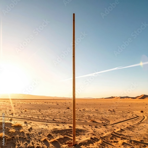 A lonely pole stands in the middle of a vast desert landscape, under a clear blue sky with a radiant sun and airplane contrail, creating a surreal vista