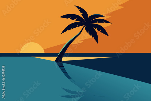 Stylized silhouette of a palm tree against a vibrant orange sunset over a calm ocean with reflections