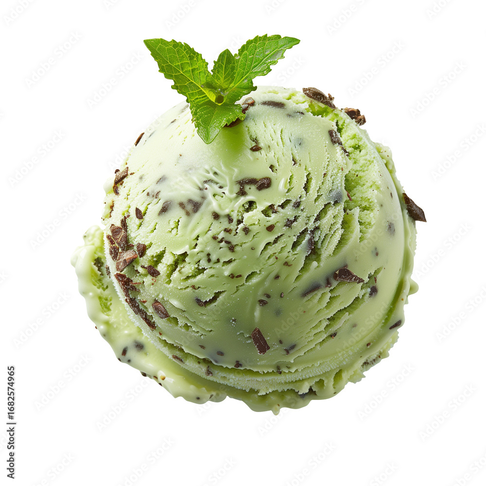 Obraz premium Mint chocolate chip ice cream scoop with mint leaf