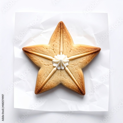 A star-shaped cookie on crumpled white parchment. Edges are subtly darker with a dollop of white frosting in the center. Soft lighting