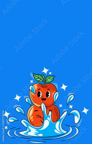lively illustration depicts a cheerful apple and their kid splashing happily in the water, perfect for a fresh and healthy theme.