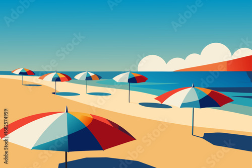Vibrant beach scene with colorful umbrellas casting shadows on the sand under a clear blue sky