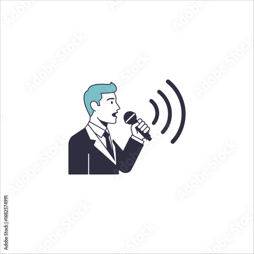 A stylish man in a formal suit speaks into a microphone, broadcasting his voice with sound waves.