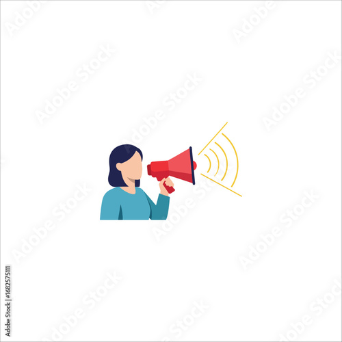 A minimalist flat icon of a woman with dark hair shouting into a red megaphone, with sound waves indicating a loud announcement.