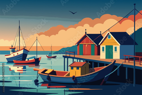 Colorful boats moored at a wooden pier with charming boathouses under a vibrant sunset sky