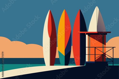 Colorful surfboards stand in a row next to a lifeguard tower on a sunny beach with calm ocean waves and a clear blue sky