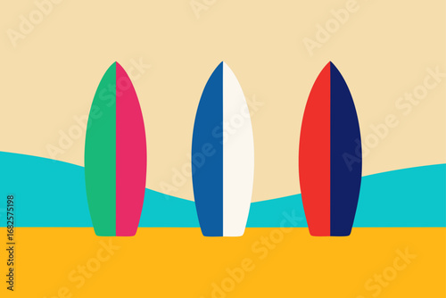 Three colorful surfboards standing upright on a sandy beach with turquoise waves and a light tan sky