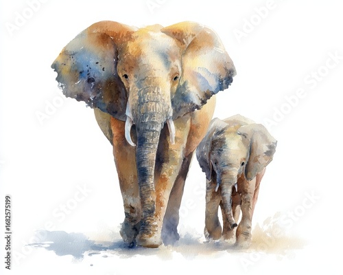 Elephant Mom and Baby. African Wildlife Watercolor Illustration of Motherhood in Savannah