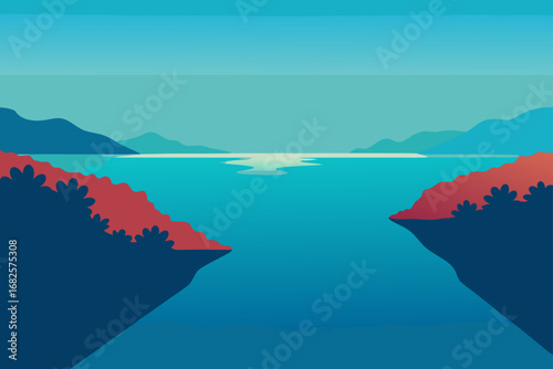 Stylized landscape with a calm blue lake surrounded by distant mountains and colorful foliage on the shores