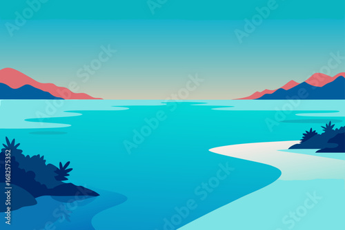 Serene coastal landscape with turquoise water sandy beach and distant mountains under a clear sky