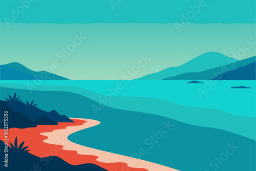 Stylized minimalist landscape featuring a tranquil turquoise ocean meeting a sandy beach with distant blue mountains under a clear sky