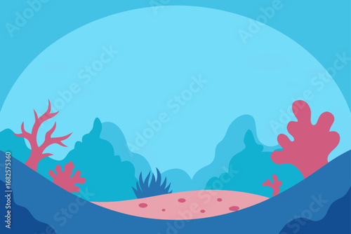 Stylized underwater scene with coral formations and soft blue and pink hues creating a peaceful ocean backdrop